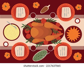 Thanksgiving turkey and another dishes vector flat style table illustration. Thanksgiving menu table top view dishes. Turkey, mashed potatos, beans and pumpkin pie