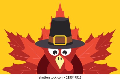 Thanksgiving turkey with autumn leaves, vector card