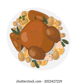 
Thanksgiving turkey baked. Traditional food. Thanksgiving turkey with fruits and vegetables on a plate.
Vector illustration on white background.