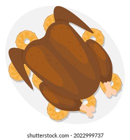 
Thanksgiving turkey baked. Traditional food. Thanksgiving turkey with fruits and vegetables on a plate.
Vector illustration on white background.