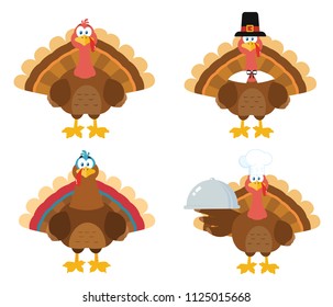 Thanksgiving Turkey Bird Cartoon Mascot Character Set 1. Vector Collection Isolated On White Background