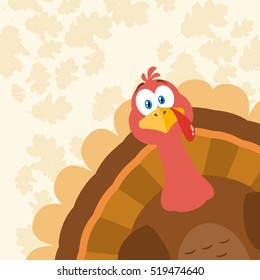 Thanksgiving Turkey Bird Cartoon Mascot Character Peeking From A Corner. Vector Illustration Flat Design Over Background With Autumn Leaves