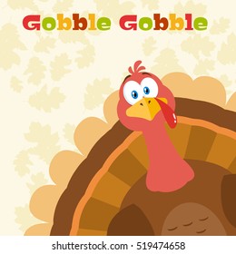 Thanksgiving Turkey Bird Cartoon Mascot Character Peeking From A Corner. Vector Illustration Flat Design Over Background With Autumn Leaves And Text Gobble Gobble