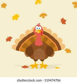 Thanksgiving Turkey Bird Cartoon Mascot Character. Vector Illustration Flat Design Over Background With Autumn Leaves