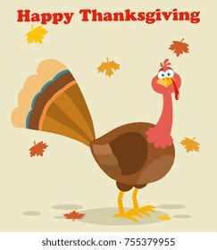 Thanksgiving Turkey Bird Cartoon Mascot Character. Vector Illustration Flat Design With Background Autumn Leaves And Text Happy Thanksgiving