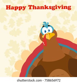 Thanksgiving Turkey Bird Cartoon Mascot Character Peeking From A Corner. Vector Illustration Flat Design Over Background With Autumn Leaves And Text Happy Thanksgiving