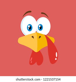 Thanksgiving Turkey Bird Face Cartoon Character Flat Label. Vector Illustration Background