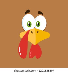 Thanksgiving Turkey Bird Face Cartoon Character Flat Brown Label. Vector Illustration Background