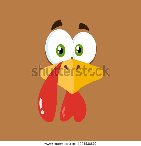 感謝祭のトルコの鳥の顔の漫画のキャラクター フラットな茶色のラベル ベクターイラスト背景 のベクター画像素材 ロイヤリティフリー