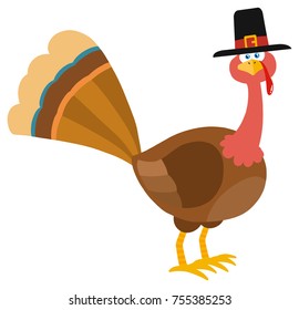 Thanksgiving Turkey Bird With Pilgrim Hat Cartoon Character. Vector Illustration Flat Design Isolated On White Background