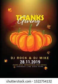 Thanksgiving with turkey bird and pumpkins on nature landscape background.