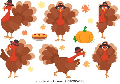 Thanksgiving turkey bird set, in different poses close-up on a white background. Happy Thanksgiving