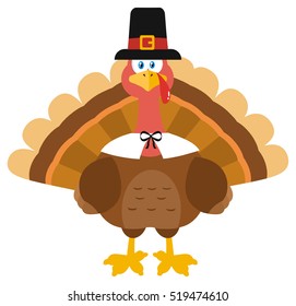 Thanksgiving Turkey Bird Wearing A Pilgrim Hat. Vector Illustration Flat Design Isolated On White Background