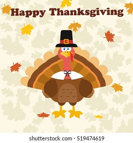 Thanksgiving Turkey Bird Wearing A Pilgrim Hat Under Happy Thanksgiving Text. Vector Illustration Flat Design Over Background With Autumn Leaves