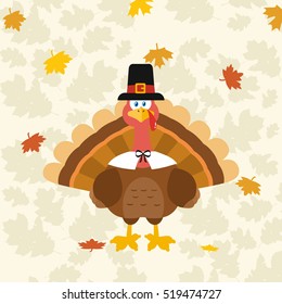 Thanksgiving Turkey Bird Wearing A Pilgrim Hat. Vector Illustration Flat Design Over Background With Autumn Leaves