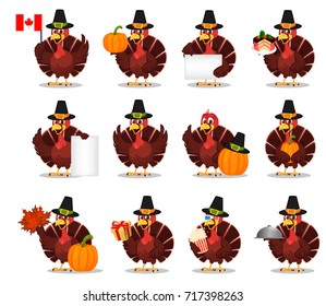 Thanksgiving turkey bird wearing a Pilgrim hat. Set with funny cartoon character for holiday. Vector illustration on white background