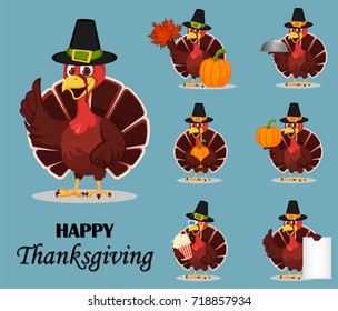 Thanksgiving turkey bird wearing a Pilgrim hat and holding different things. Set of seven vector illustrations with funny cartoon character for traditional holiday. 