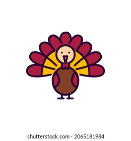 Thanksgiving turkey cartoon style. Holiday mascot animal. Pixel perfect, editable stroke colorful icon