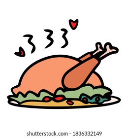 Thanksgiving turkey cartoon vector. Traditional dish of baked chicken with tomatoes and salad on a platter. Sign cooked with love on a white background.