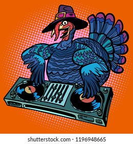 Thanksgiving Turkey character. DJ at the holiday party. Comic cartoon pop art retro vector illustration