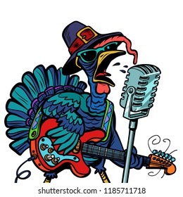 Thanksgiving Turkey character singer. Holiday party. Isolate on white background. Comic cartoon pop art retro vector illustration