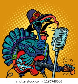 Cantante del personaje de Acción de Gracias en Turquía. Fiesta de vacaciones. Dibujo gráfico gráfico pop gráfico retro vectorial