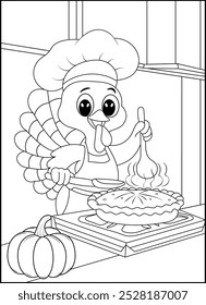 Thanksgiving Turkey Chef Coloring Page - Cartoon Turkey cooking a Pie for Kids