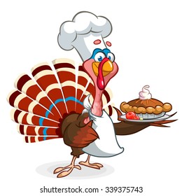 Thanksgiving turkey chief cook serving pumpkin pie. Vector cartoon