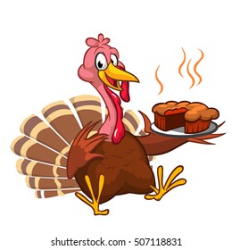Thanksgiving turkey chief cook serving pumpkin pie. Vector cartoon