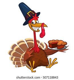 Thanksgiving turkey chief cook serving pumpkin pie. Vector cartoon