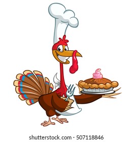 Thanksgiving turkey chief cook serving pumpkin pie. Vector cartoon