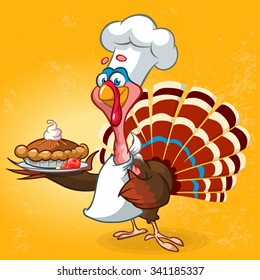 Thanksgiving turkey chief serving hot pumpkin pie. Vector cartoon character