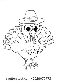 Thanksgiving Turkey Coloring Page for Kids. Cute Cartoon Style Line Art.