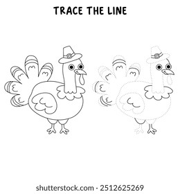 Thanksgiving Turkey coloring pages for kids. Trace and color thanksgiving turkey. Coloring page outline of turkey. Thanksgiving turkey tracing worksheet printable. Kindergarten and preschool activity.