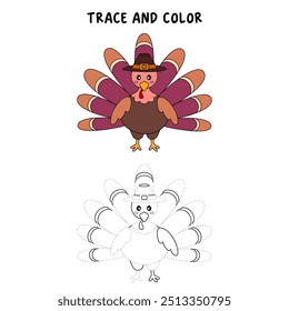 Thanksgiving Turkey coloring pages for kids. Trace and color thanksgiving turkey. Coloring page outline of turkey. Thanksgiving turkey tracing worksheet printable. Kindergarten and preschool activity.