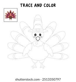 Thanksgiving Turkey coloring pages for kids. Trace and color thanksgiving turkey. Coloring page outline of turkey. Thanksgiving turkey tracing worksheet printable. Kindergarten and preschool activity.