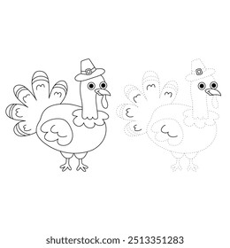 Thanksgiving Turkey coloring pages for kids. Trace and color thanksgiving turkey. Coloring page outline of turkey. Thanksgiving turkey tracing worksheet printable. Kindergarten and preschool activity.