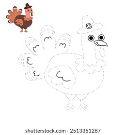 Thanksgiving Turkey coloring pages for kids. Trace and color thanksgiving turkey. Coloring page outline of turkey. Thanksgiving turkey tracing worksheet printable. Kindergarten and preschool activity.