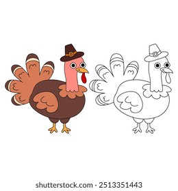 Thanksgiving Turkey coloring pages for kids. Trace and color thanksgiving turkey. Coloring page outline of turkey. Thanksgiving turkey tracing worksheet printable. Kindergarten and preschool activity.