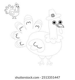 Thanksgiving Turkey coloring pages for kids. Trace and color thanksgiving turkey. Coloring page outline of turkey. Thanksgiving turkey tracing worksheet printable. Kindergarten and preschool activity.