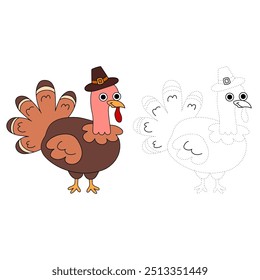 Thanksgiving Turkey coloring pages for kids. Trace and color thanksgiving turkey. Coloring page outline of turkey. Thanksgiving turkey tracing worksheet printable. Kindergarten and preschool activity.