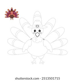 Thanksgiving Turkey coloring pages for kids. Trace and color thanksgiving turkey. Coloring page outline of turkey. Thanksgiving turkey tracing worksheet printable. Kindergarten and preschool activity.