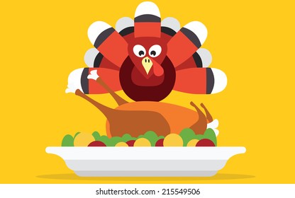 Thanksgiving turkey with dinner, vector card