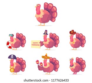 Thanksgiving Turkey Disguise. Vector Cartoon Cute Character Of Bird In Funny Costumes Set Isolated On A White Background.