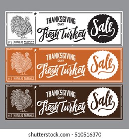 Thanksgiving turkey in the form of engraving on label sale. Holiday with a text stamp, and lettering calligraphy banner.