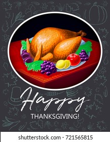 Thanksgiving Turkey with Fruits and Vegetables on a Plate. Vector illustration.