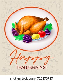 Thanksgiving Turkey with Fruits and Vegetables on a Plate. Vector illustration.