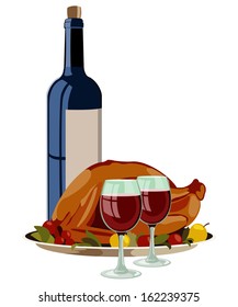 Thanksgiving Turkey with Fruits and Vino. Isolated Vector Illustration.