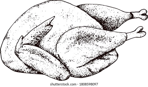 Turquía de Acción de Gracias. Ilustración vectorial dibujada a mano. Cena tradicional de vacaciones Carne de pavo asada. Esbozo de comida para restaurante, menú de café