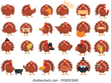 Thanksgiving turkey icons set. Cartoon set of thanksgiving turkey vector icons for web design